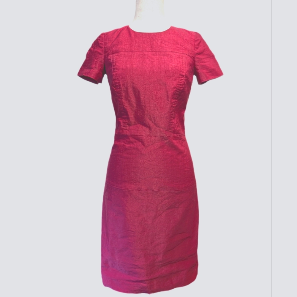 Teenflo Sz 4 Linen Blend Fucshia Bodycon Short Sleeve Sheath Midi Dress